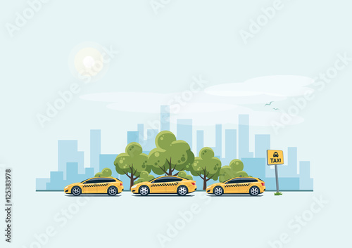 Parking Taxi Cars and City Background
