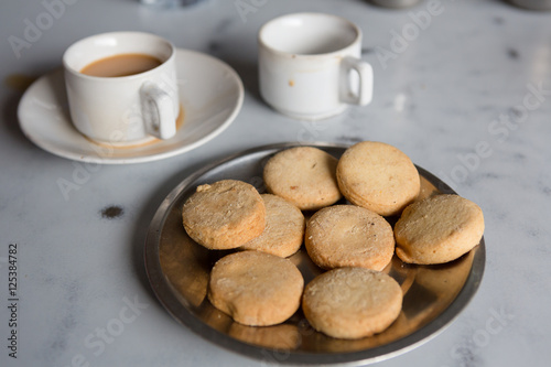 close-up of Osmania Biscuits and Chai at a Irani cafe in Hyderabad photo