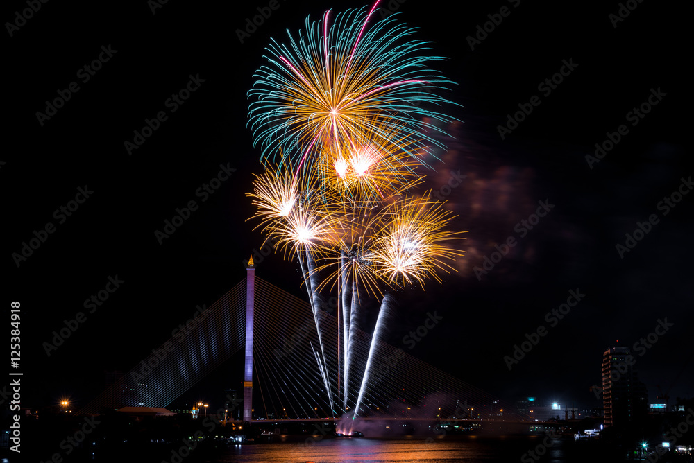 Beautiful colorful firework display for celebration happy new ye