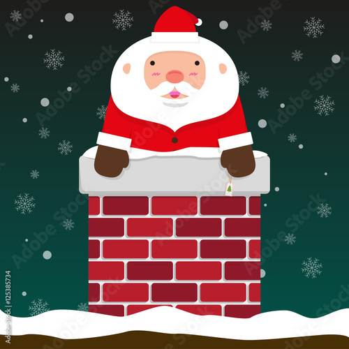 cute fat big Santa Claus come out of chimney on falling snow flake green background