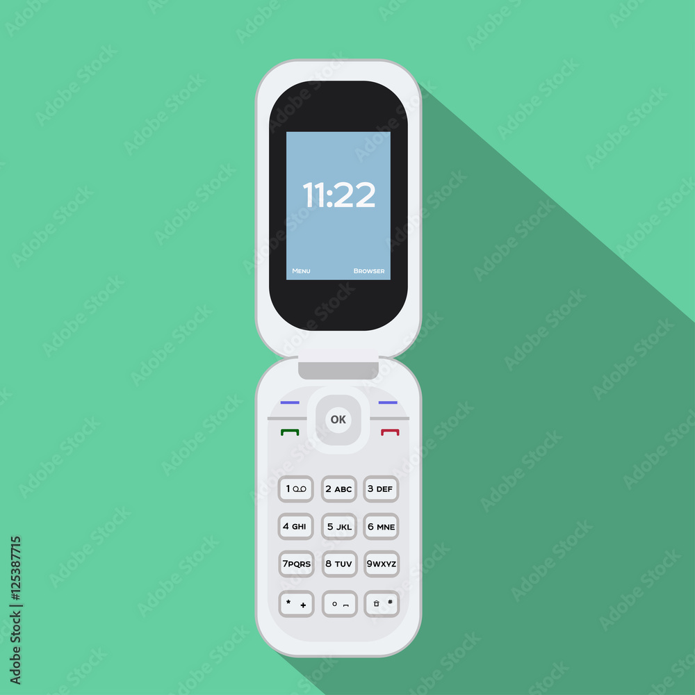 Flip cellphone. Vector illustration of the mobile device. Flat style design with long shadow. Flip cellphone. Vector illustration of the mobile device. Flat style design with long shadow.