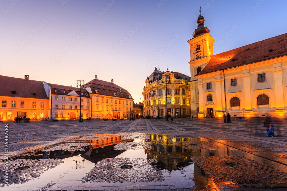 Sibiu, Romania. Large Square and City Hall.