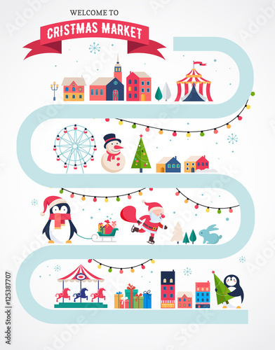 Christmas village map, winter town, Christmas market, Xmas fair, Christmas poster. Merry Christmas background