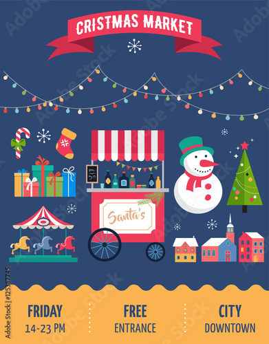 Christmas village, winter town, Christmas market, Xmas fair, Christmas poster. Merry Christmas background