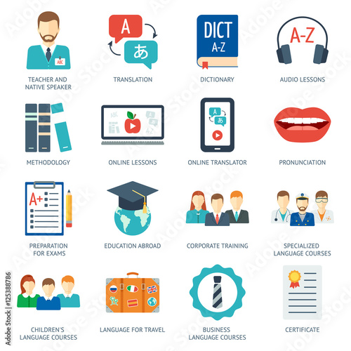 Pictogram and icons set for foreign language courses and schools. Flat design. Vector