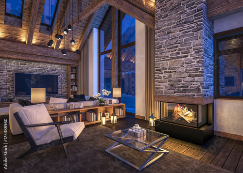 3D rendering of evening living room of chalet photo