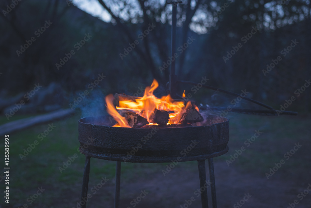 Burning camp fire at dusk in camping site, preparing for barbeque or braai, outdoors activity in South Africa. Selective focus on fire and firewood, very shallow depth of field, cold toned image. Burning camp fire at dusk in camping site, preparing for barbeque or braai, outdoors activity in South Africa. Selective focus on fire and firewood, very shallow depth of field, cold toned image.