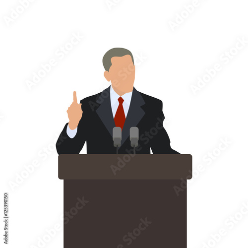 Man on the podium politician points finger up. The gesture of attention. Male speaker. Vector © All5