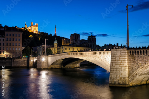 Lyon (France) Notre-Dame de Fourviere and pont bonaparte at blue hour