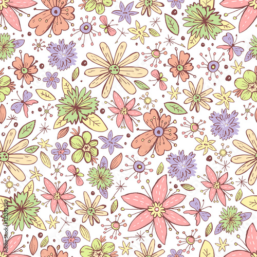Vector seamless pattern with vintage hand drawn doodle flowers a