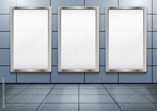 Three Empty mockup billboard inside metro or subway. Vector Illustration isolated on white background.