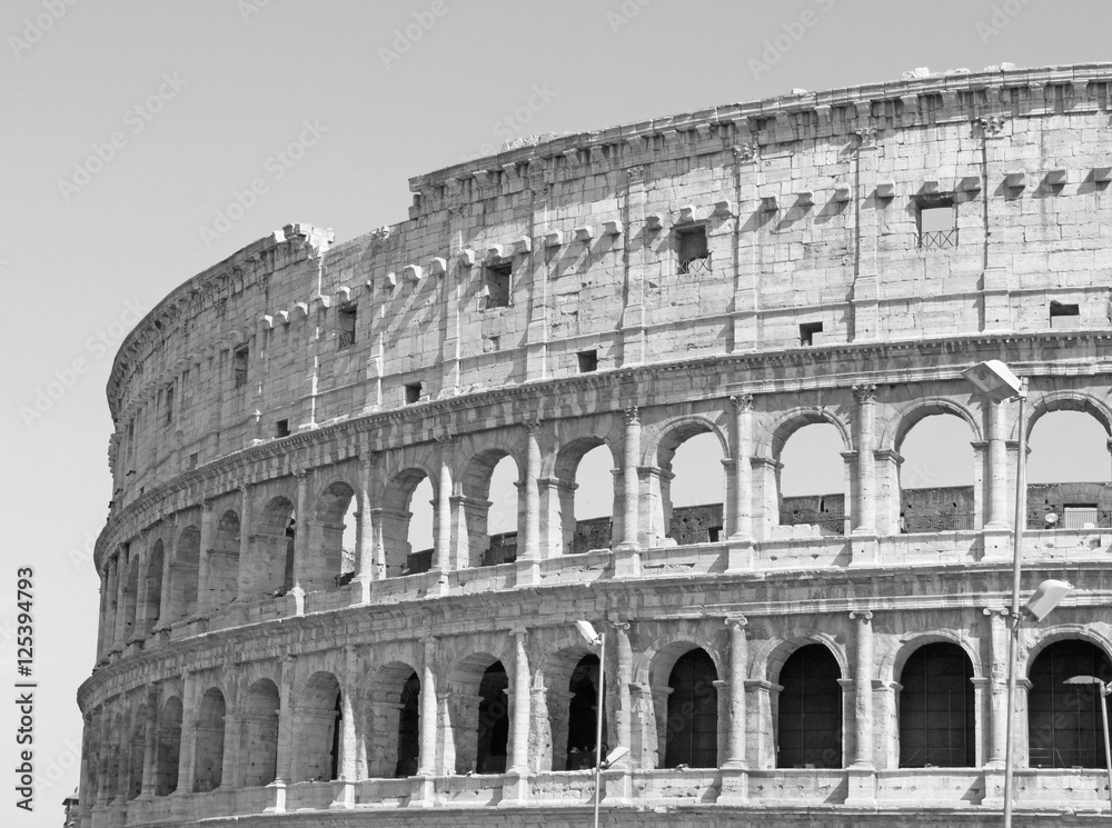 Black and white photo of the great Colosseum in Rome in retro style