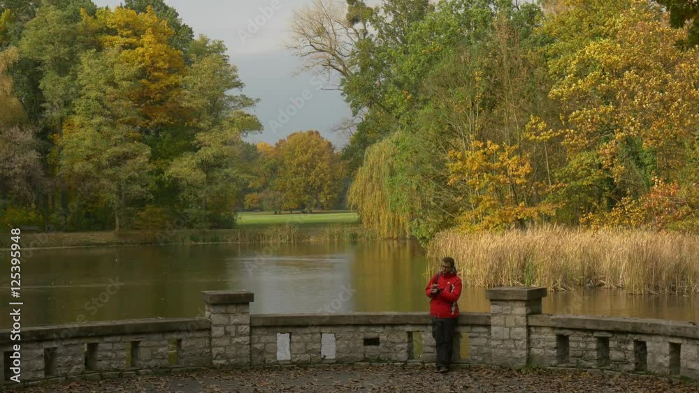 Tourist Standing on Observation Deck in Park Cloudy Day Autumn Landscape Sunlight Yellow Trees Dry Reed is Swaying Mallards Ducks on the Lake Dry Foliage Tourist Standing on Observation Deck in Park Cloudy Day Autumn Landscape Sunlight Yellow Trees Dry Reed is Swaying Mallards Ducks on the Lake Dry Foliage