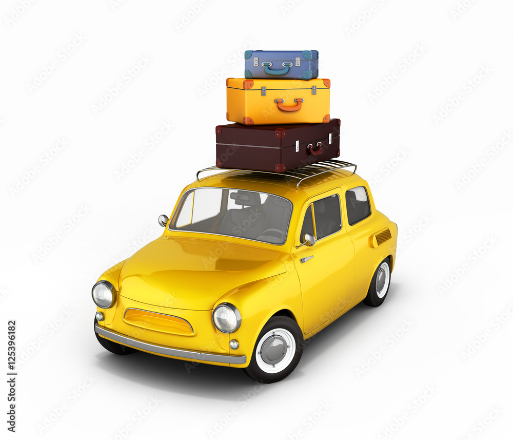 Little retro car with bags, travel concept isolated on white bac