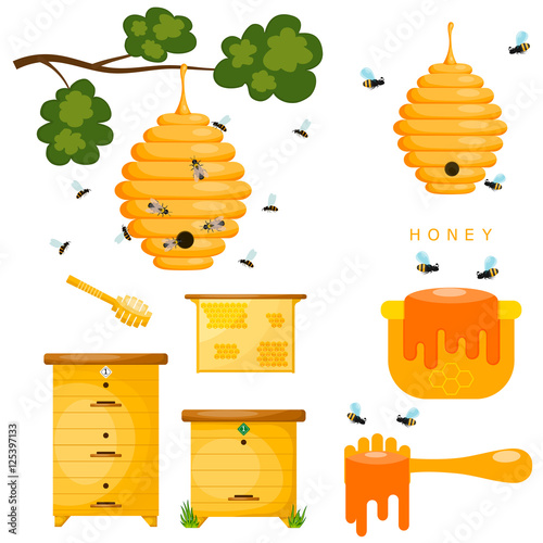 Set of yellow objects beekeeper. Yellow bee hive on a white back photo