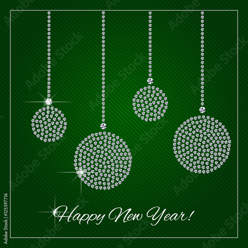 Christmas, New Year greeting card or poster. Shimmering diamond luxury Christmas balls, ornaments. Brilliant stone design. Fashion crystal precious, silver applique rhinestone, embroidery. Vector.