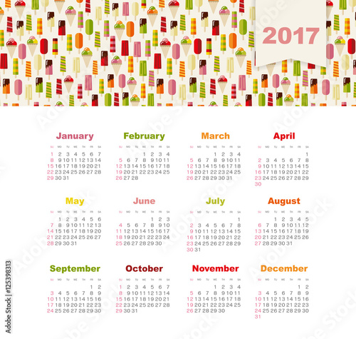 Calendar 2017 with ice cream. Week Starts Sunday