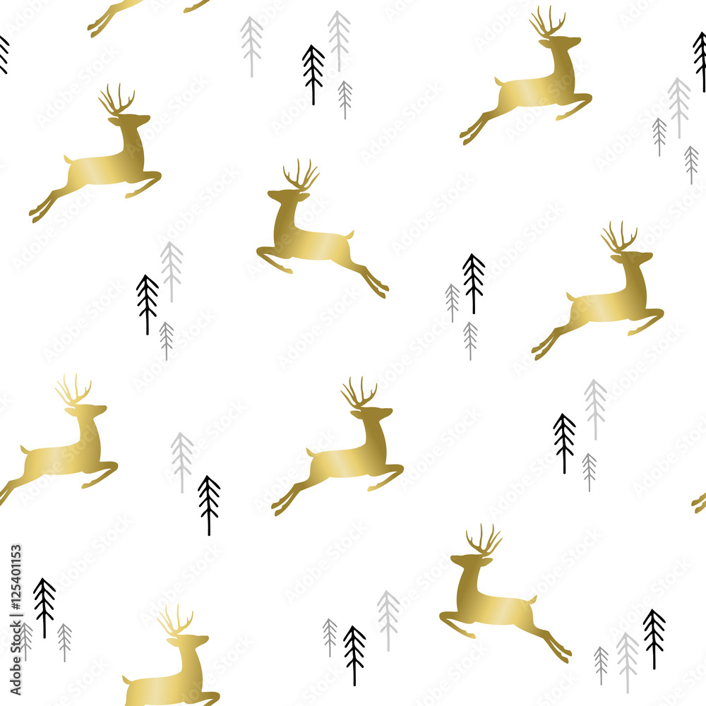 Obraz premium Gold christmas deer with tree pattern background