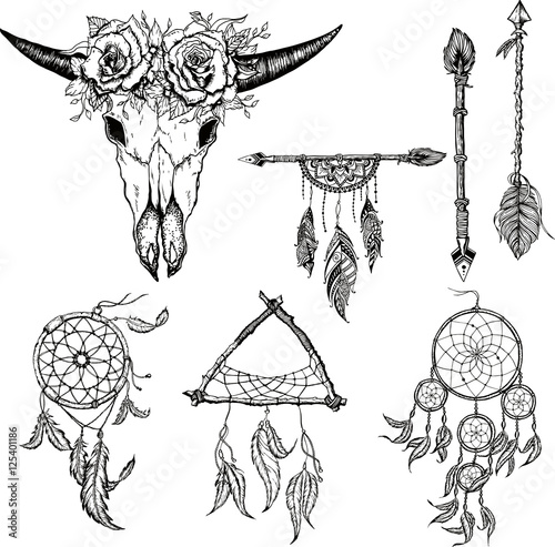 Dreamcatcher buffalo scull arrow tribal set. Vector illustration