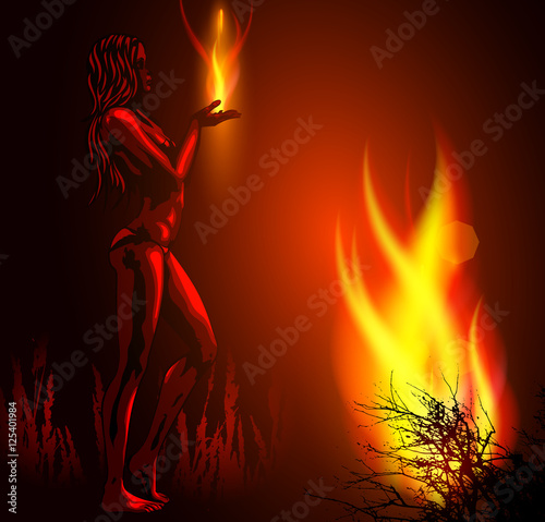 Woman with fire from her arm; Dark forest, bonfire. Vector image