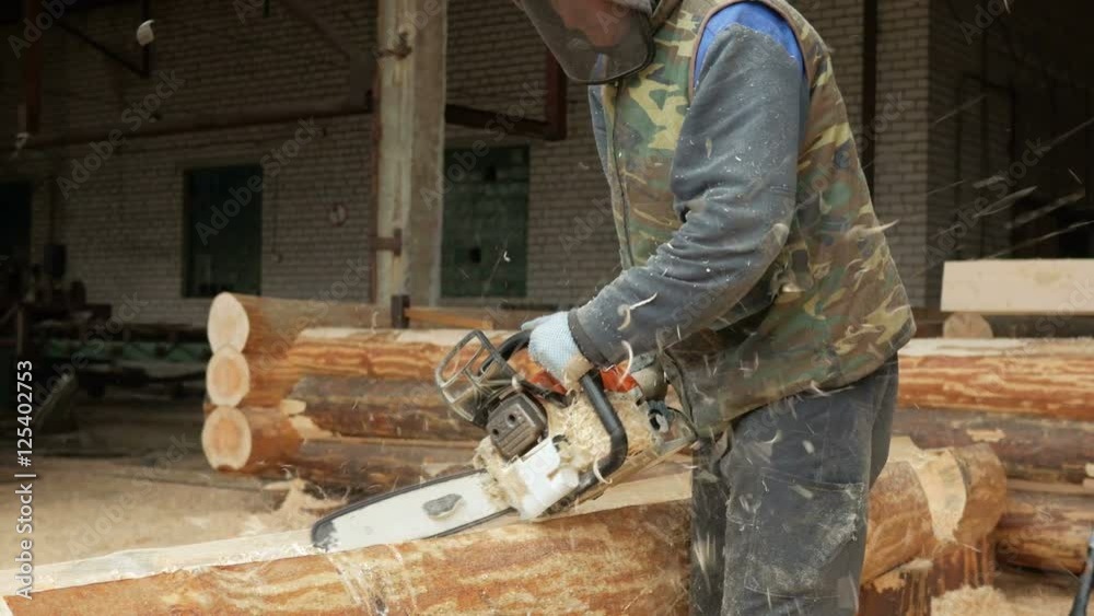 Man cuts wood chainsaw for future home. Protective face mask on the face of the builder and a lot of sawdust. Hangar with a part of the future home on the background Man cuts wood chainsaw for future home. Protective face mask on the face of the builder and a lot of sawdust. Hangar with a part of the future home on the background
