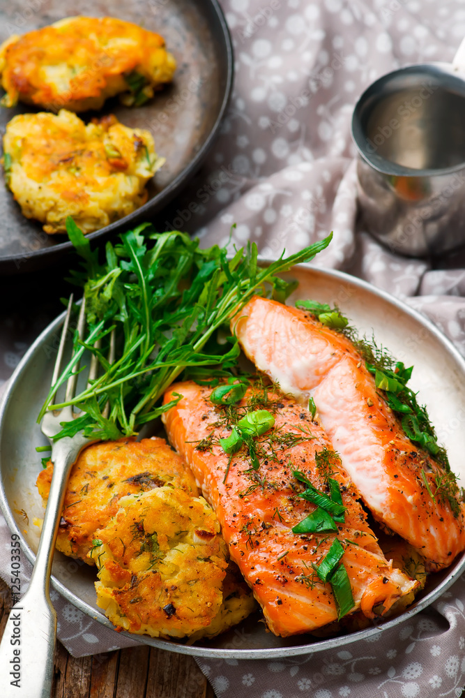 Dill Salmon with Potato Patties Dill Salmon with Potato Patties