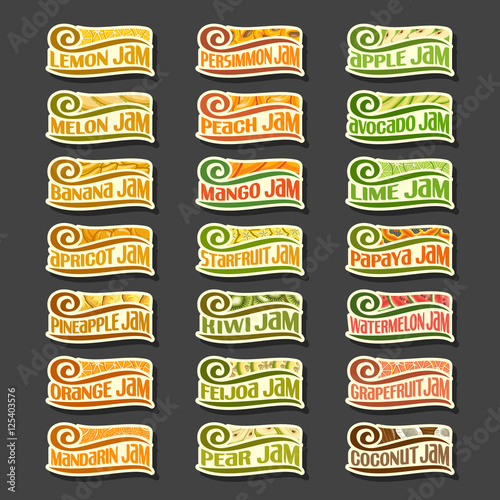 Vector Set colorful Fruits Jam Labels: collection set of abstract label lemon jam, decoration fruit logo or design sticker of apricot jams, illustration cartoon emblems isolated on black background.