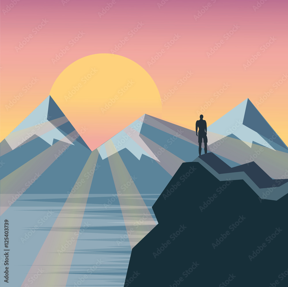 Man on the top of the hill watching wonderful scenery in mountain,vector,flat