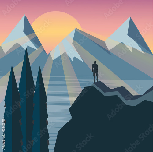 Man on the top of the hill watching wonderful scenery in mountain,vector,flat