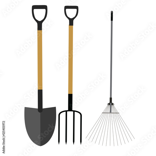 Garden Tools, Instruments Flat Icon Collection Set. Shovel, Rake