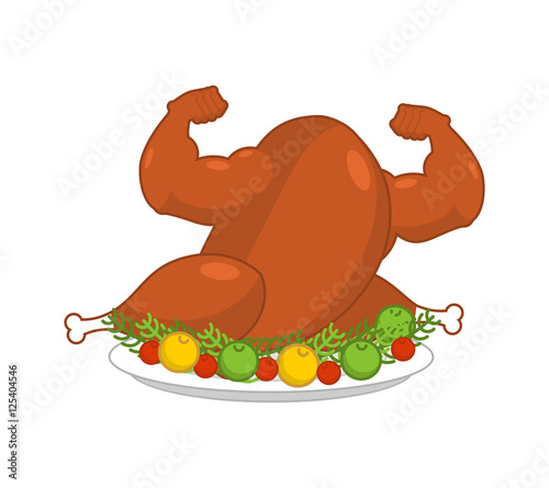 Strong turkey on plate with garnish. Powerful fowl Baked on dish