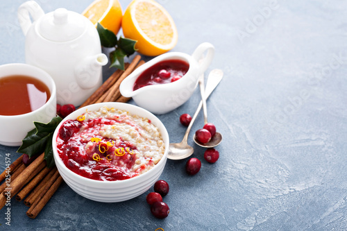 Fall breakfast with oatmeal and cranberry sauce