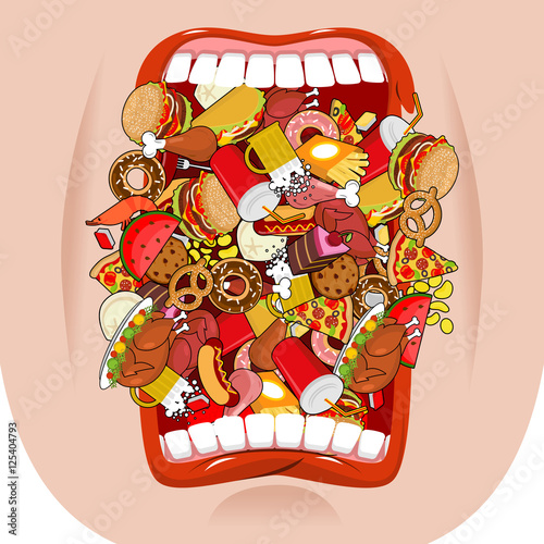 Widely open mouth lot of food. Absorption of feed. Eat many of m