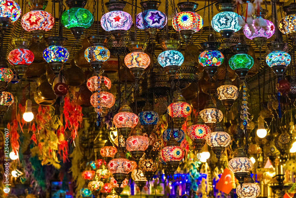 Colorful Turkish lamps hanging in market