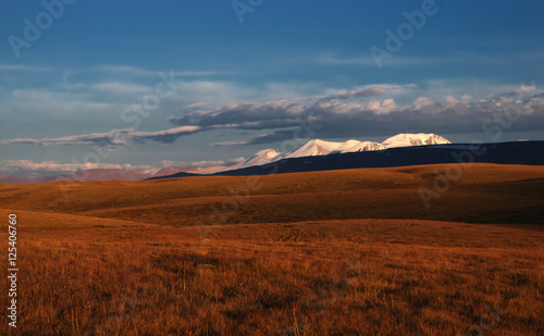A highland sunset fields with yellow grass on a background of dramatic snow ice covered high mountains and glaciers under clouds and blue sunset sky, Plateau Ukok, Altai mountains, Siberia, Russia