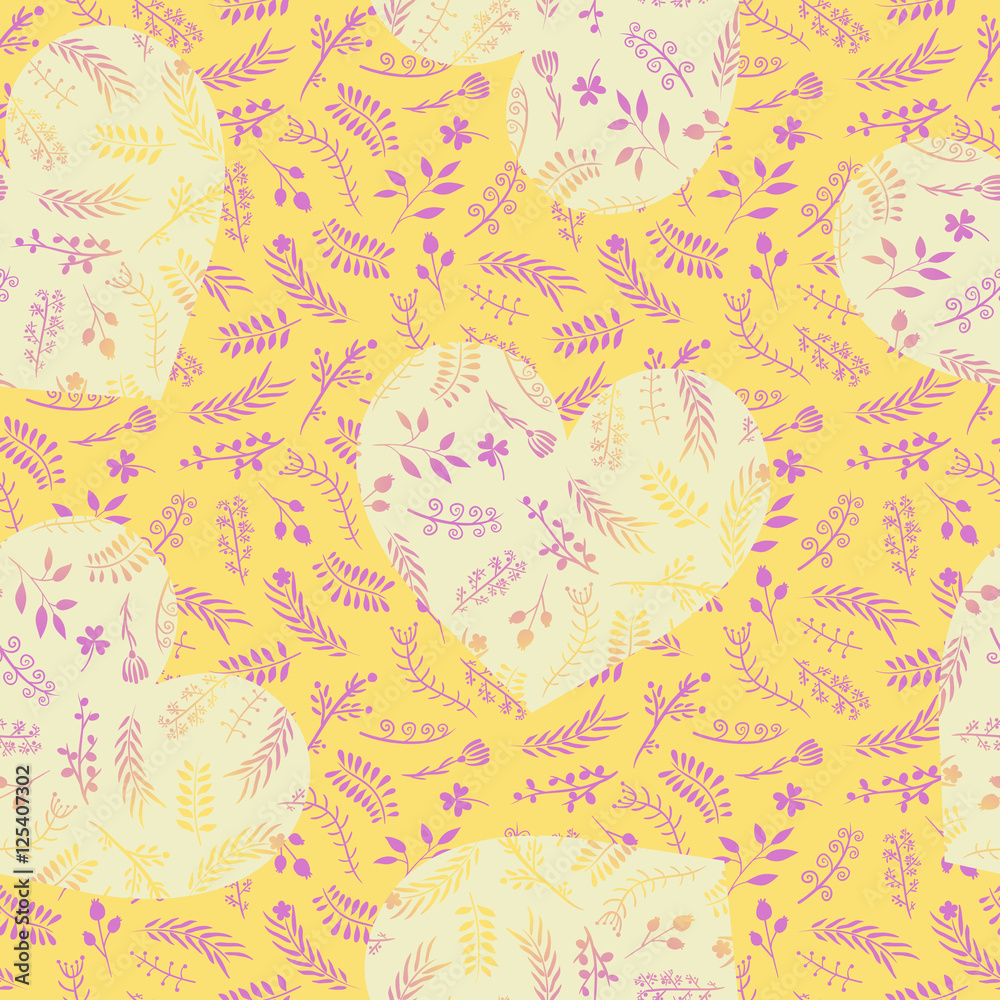 Floral ornate doodle seamless pattern with hearts in yellow color. Romantic design for wedding and Valentine's day. For backgrounds, wallpapers, wrapping paper, textile, prints. 