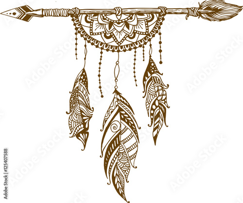 Dreamcatcher and arrow with feathers. Vector hand drawn illustration
