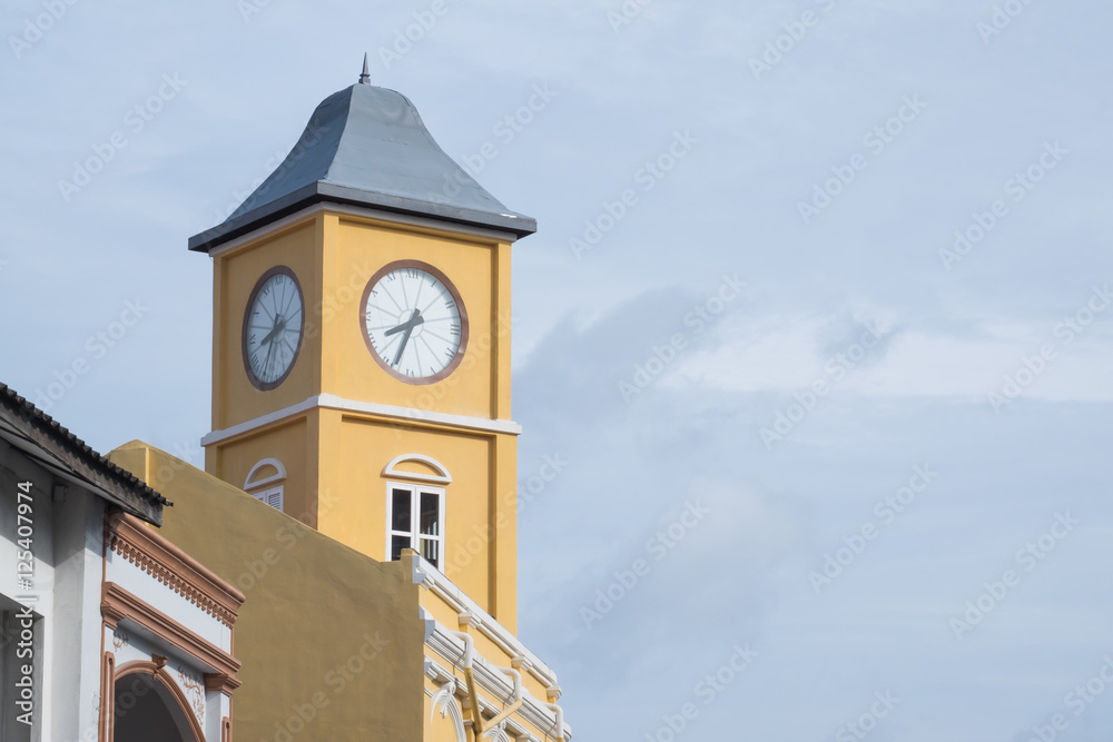 The old police station clock tower in Phuket, Thailand