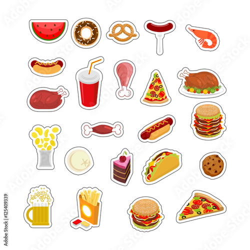 Food sticker set. Signs meat. feed Icon Collection. Pizza and ta