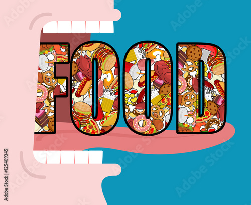 Open mouth and food. Absorption of feed. Eat many of meal. Very