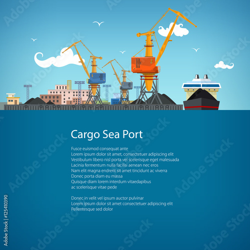 Unloading Coal or Ore from the Dry Cargo Ship, Sea Freight Transportation, Cargo Transport, Port Warehouses and Cranes, Poster Brochure Flyer Design, Vector Illustration