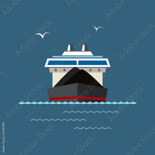 Front View of the Dry Cargo Ship at Sea, Industrial Marine Vessel is Transporting Coal and Ore, International Freight Transportation, Vector Illustration