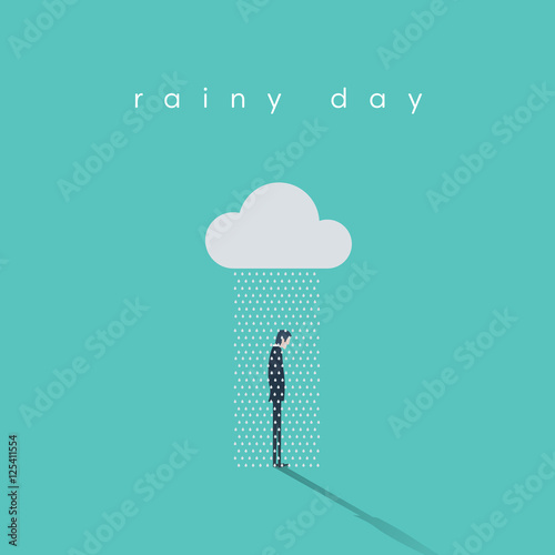 Business rainy day vector concept with businessman standing under cloud and rain.