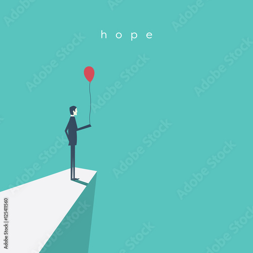 Business vector concept of hope, success, future. Businessman standing with red balloon.