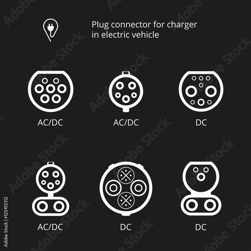Plug connector for charging electric vehicle. Vector illustration charging cord. Vehicle inlet. Icons connectors type AC and DC. Set charging cable for electric car. Charging station electrical power