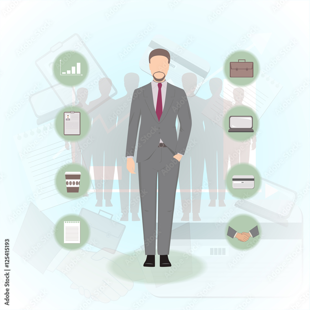Set of manager flat figure and business icons: credit card, laptop, handshake, cup of coffee, notebook. Businessman stick on abstract background. Man in a business suit vector illustration. Set of manager flat figure and business icons: credit card, laptop, handshake, cup of coffee, notebook. Businessman stick on abstract background. Man in a business suit vector illustration.