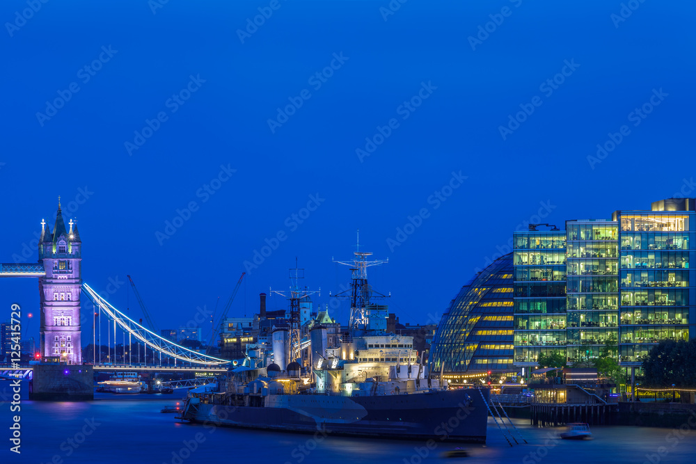London cityscape including Tower Bridge, HMS Belfast and More London riverside