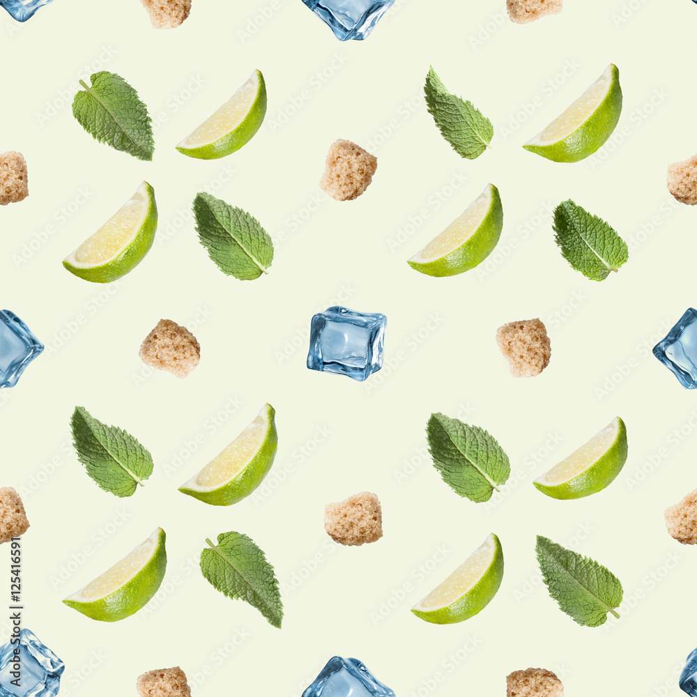 Lime, mint, sugar and ice cube on a white background. Lime, mint, sugar and ice cube on a white background.
