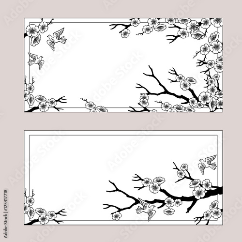 Banners with sakura blossoms and birds. Black and white eps outlined illustration.