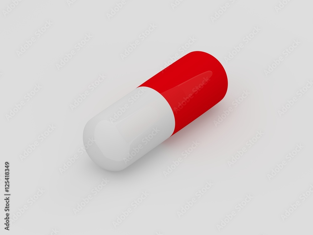 White and red pill isolated on white background. 3D rendeing White and red pill isolated on white background. 3D rendeing
